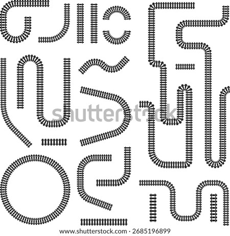 Railway train track vector route. Rail line, subway map, and railroad elements for game UI and graphic design icon set easy to edit. Rail pattern round circular curve railroad path icon