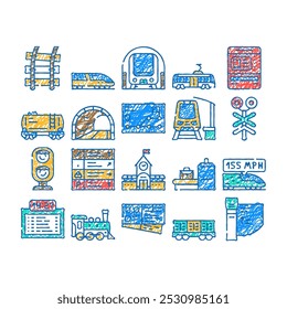 Vector del sistema de los iconos del doodle del transporte del tren del ferrocarril Línea del bosquejo Dirección del puntero del arte Dispensador del boleto, equipo electrónico de la radiografía para las ilustraciones del color del ferrocarril del torniquete del equipaje del viajero del escáner