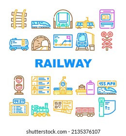 Vector Set de Iconos de Transporte de Tren Ferroviario. Indicador De Dirección Y Dispensador De Billetes, Equipo Electrónico De Rayos X Para Explorar El Equipaje De Los Viajeros Y Las Ilustraciones De Color De Los Equipos De La Estación De Ferrocarril Turnstiles