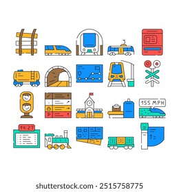 Railway Train Transportation Icons Set Vector. Pointer Direction Ticket Dispenser, X-ray Electronic Equipment For Scan Traveler Baggage Turnstile Railway Station Equipment color Contour Illustrations