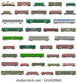 railway trains, railcars, waggons and vans deatiled isolated icons vector set