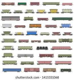 railway trains, railcars, waggons and vans icons vector set