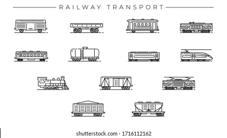 Conjunto de iconos vectoriales de estilo de línea de transporte ferroviario.