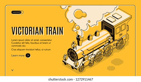 Railway transport history museum isometric vector web banner. Victorian era steam locomotive erupting steam and smoke liner art illustration. Retro machines touristic exposition landing page template