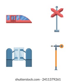 Railway transport icons set cartoon vector. Train, semaphore and barrier. Modern public transport