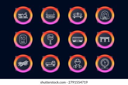 Railway transport infrastructure set icon. Line symbols with steam train locomotive, station signboard, railcar wagon, tunnel entrance, distance marker ten kilometer, stop sign, bridge viaduct