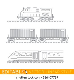 Railway Transport. Locomotive, Boxcars And Modern High-speed Train. Editable Outline Sketch Icon Set.