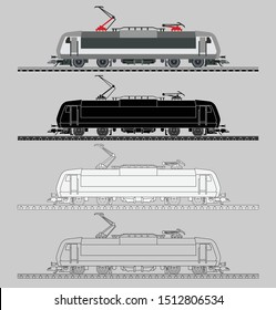 Railway transport locomotive. Train locomotive illustration presented as pictogram, black and white, line and flat illustration. Railroad Locomotive vector flat and line illustration. 