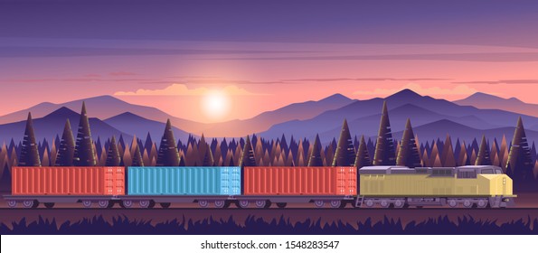 Railway transport logistic. Cargo train vector illustration.