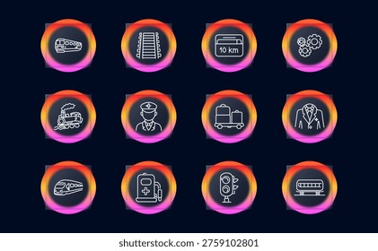 Railway transport operations set icon. Line symbols with metro train carriage, railway platform stairs, distance sign ten kilometer, gear mechanism, steam locomotive engine, conductor uniform