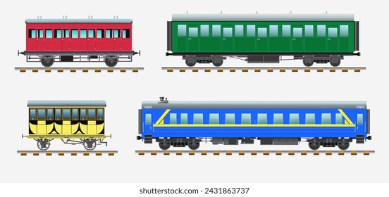 Railway transport. Set of passenger carriages from different times on a white background. Vector illustration