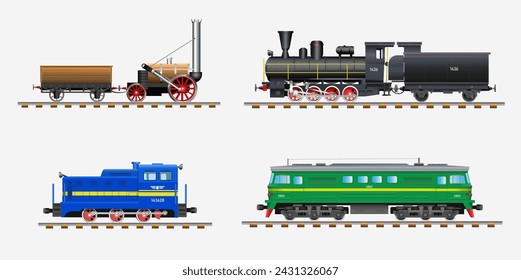 Railway transport. Set of steam and diesel locomotives of different years on a white background. Vector realistic illustration