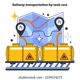 Railway transportation by tank cars, LNG transportation. Liquefied natural gas logistics. Natural resource extraction industry. Fossil fuel and eco-friendly energy concept. Flat vector illustration