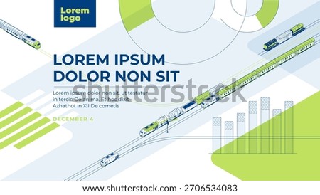 Railway transportation: passenger and freight. Presentation cover or background in isometric projection