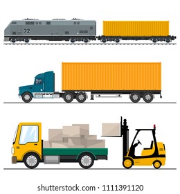 Transporte y transporte ferroviario, Camión y Camión con Cajas y Camión de carretilla, Locomotora con Contenedor de Carga , Transporte marítimo y transporte de mercancías, Ilustración vectorial