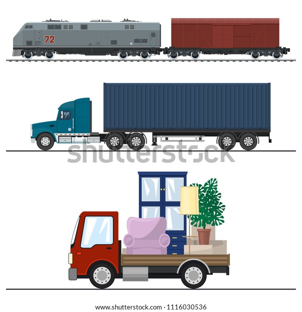 Railway Transportation and Trucking,\
Truck and Lorry with Furniture , Locomotive with Cargo Container ,\
Shipping and Freight of Goods, Vector\
Illustration