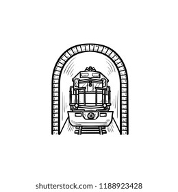 Railway Tunnel With Train Hand Drawn Outline Doodle Icon. Subway Public Transport, Metro Station Concept. Vector Sketch Illustration For Print, Web, Mobile And Infographics On White Background.