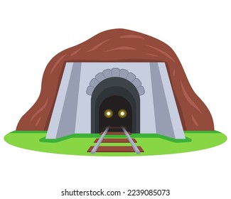 railway tunnel for train passage. dark tunnel through the mountain. flat vector illustration.