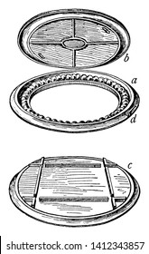 Railway Turntable is a device for turning railway rolling stock usually locomotives so that they can be moved back in the direction from which they came, vintage line drawing or engraving illustration
