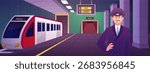 Railway underground station vector flat illustration. Subway station interior with machinist driver. Train, platform, billboard and exit stairway. Metropolitan tunnel railroad transport infrastructure