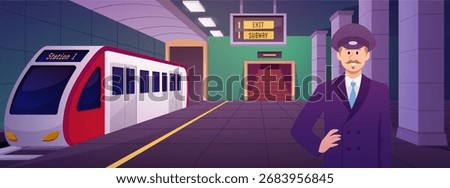 Railway underground station vector flat illustration. Subway station interior with machinist driver. Train, platform, billboard and exit stairway. Metropolitan tunnel railroad transport infrastructure