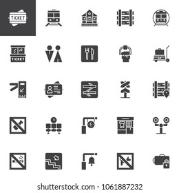 Railway vector icons set, modern solid symbol collection, filled style pictogram pack. Signs, logo illustration. Set includes icons as train station, ticket box office railway, subway, train, toilet