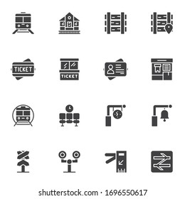 Railway vector icons set, modern solid symbol collection, filled style pictogram pack. Signs, logo illustration. Set includes icons as railroad train, ticket office, travel document, railway station 