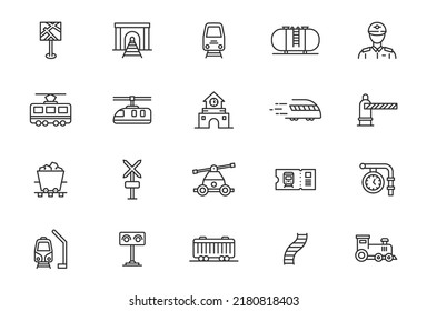 Railway vector line icon. Subway metro rail station tram road transport locomotive monorail line icon.