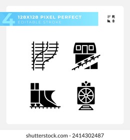 Railway vehicle pixel perfect black glyph icons set on white space. Railroad car. Train transport. Locomotive engine. Silhouette symbols. Solid pictogram pack. Vector isolated illustration