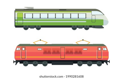 Railway Vehicles Set, Side View of Locomotive and Passenger Wagon Railroad Transport Flat Vector Illustration