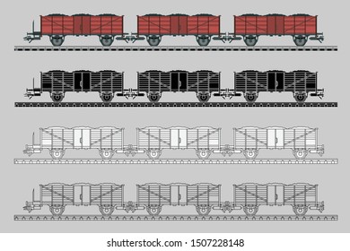 Railway wagon illustration presented as pictogram, black and white, line and flat illustration. Railway vector flat and line illustration.