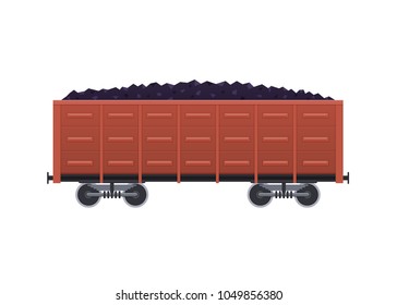 Railway wooden car, with a cargo in the form of coal, and minerals. Railway locomotive, train, with wagons: transport and cargo with coal. Vector illustration isolated.