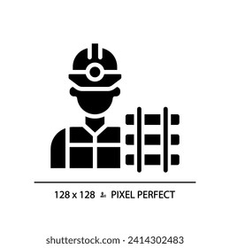Railway worker pixel perfect black glyph icon. Railroad labor. Train track. Rail maintenance. Civil engineering. Silhouette symbol on white space. Solid pictogram. Vector isolated illustration