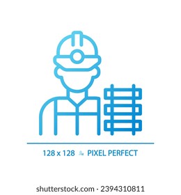 Icono de vector lineal de gradiente perfecto para píxel de trabajador ferroviario. Trabajo ferroviario. Mantenimiento del tren. Ingeniería civil. Símbolo de color de línea delgada. Pictograma de estilo moderno. Dibujo de contorno aislado del vector