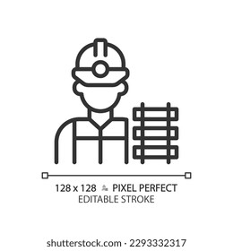 Railway worker pixel perfect linear icon. Railroad labor. Train track. Rail maintenance. Civil engineering. Thin line illustration. Contour symbol. Vector outline drawing. Editable stroke