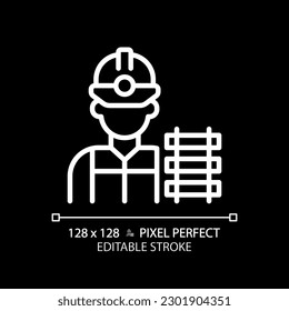 Railway worker pixel perfect white linear icon for dark theme. Railroad labor. Train track. Rail maintenance. Civil engineering. Thin line illustration. Isolated symbol for night mode. Editable stroke