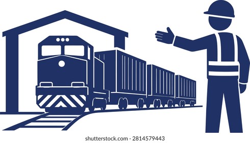 Railway Worker Supervising Freight Train at Rail Depot Illustration