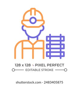 Railway worker two color line icon. Railroad labor. Train track. Rail maintenance. Civil engineering bicolor outline symbol. Duotone linear pictogram. Isolated illustration. Editable stroke