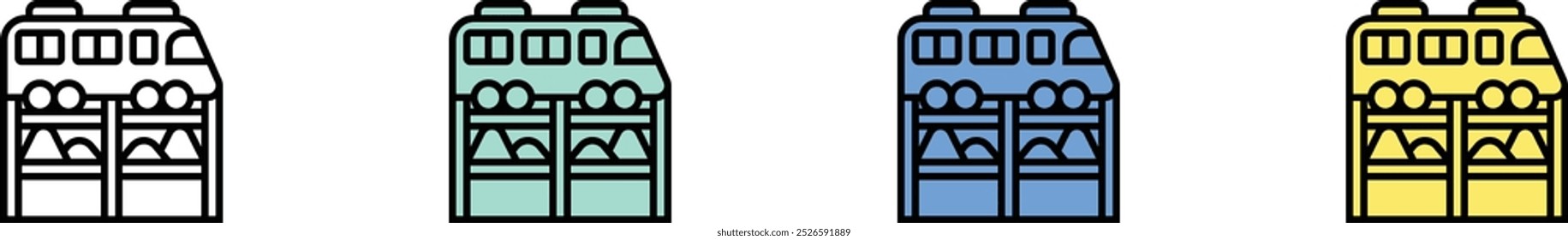 Icono de ferrocarriles. Esquema, diseño de estilo verde, azul y amarillo aislado sobre fondo blanco