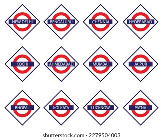 Railways name board of major Indian Cities like Mumbai, Delhi, Chennai, Kolkata, Bangalore etc vector illustration