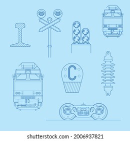 Ferrocarriles. Serie de imágenes vectoriales lineales. Los trazos se pueden editar