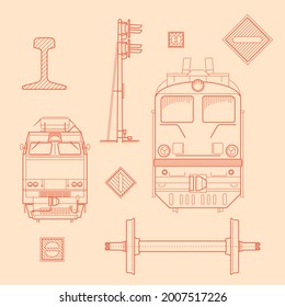 Railways. Series of linear vector images. Strokes are editable