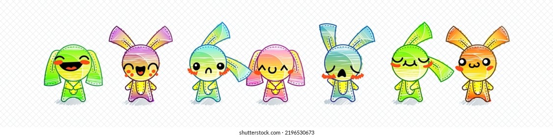 Raimbow Rabbits. Emoticons, doodle faces, eyes and mouth. Caricature comic expressive emotions, smiling, crying and surprised character face expressions. Isolated vector illustration icons set
