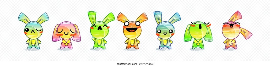 Raimbow Rabbits. Emoticons, doodle faces, eyes and mouth. Caricature comic expressive emotions, smiling, crying and surprised character face expressions. Isolated vector illustration icons set