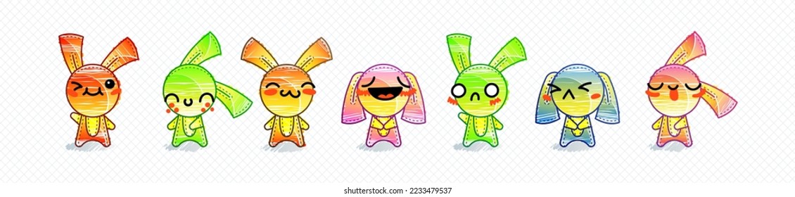 Raimbow Rabbits. Emoticons, doodle faces, eyes and mouth. Caricature comic expressive emotions, smiling, crying and surprised character face expressions. Isolated vector illustration icons set
