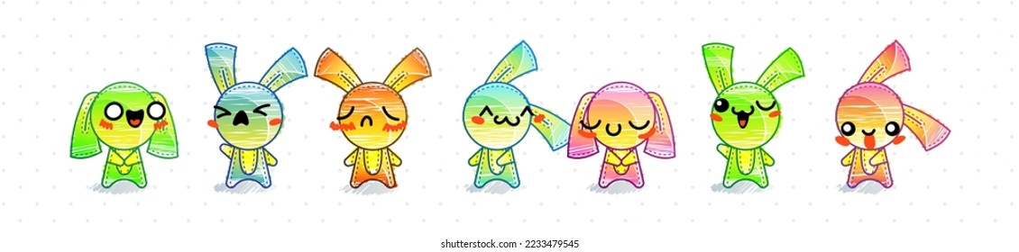 Raimbow Rabbits. Emoticons, doodle faces, eyes and mouth. Caricature comic expressive emotions, smiling, crying and surprised character face expressions. Isolated vector illustration icons set