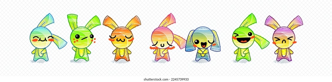 Raimbow Rabbits. Emoticons, doodle faces, eyes and mouth. Caricature comic expressive emotions, smiling, crying and surprised character face expressions. Isolated vector illustration icons set