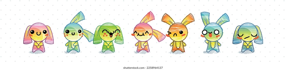 Raimbow Rabbits. Emoticons, doodle faces, eyes and mouth. Caricature comic expressive emotions, smiling, crying and surprised character face expressions. Isolated vector illustration icons set