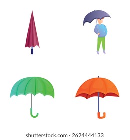 Rain accessory icons set cartoon vector. Man character under umbrella. Autumn season accessory