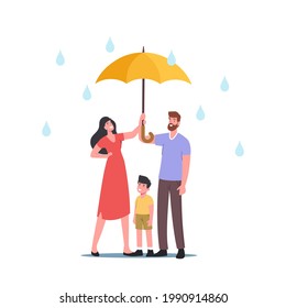 Rain, Air Humidity Concept. Parents with Child Holding Umbrella Walking in Rainy Weather, Speaking, Enjoying Relations, Characters Spend Time, Relaxing Outdoors. Cartoon People Vector Illustration